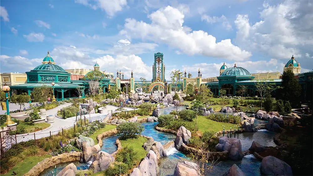 Celestial Park at Universal Epic Universe with gardens, waterways and grand architecture