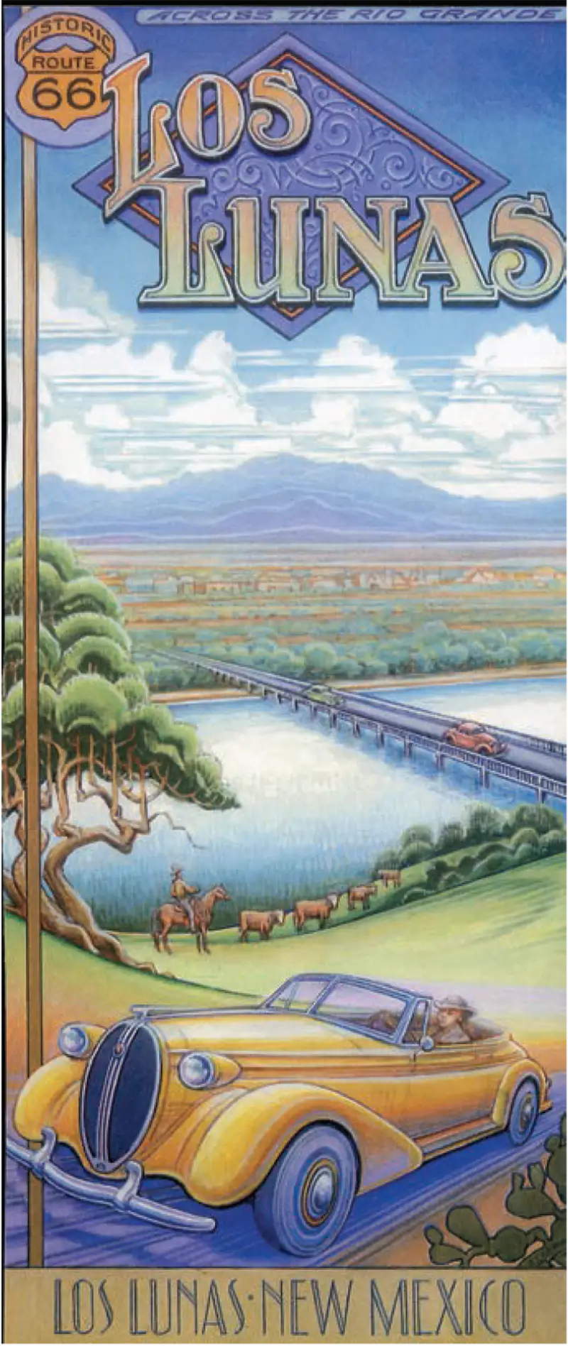 Historic Route 66 postcard showing the road crossing the Rio Grande near Los Lunas