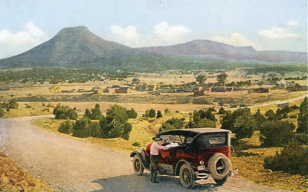 Historic Route 66 postcard showing Starvation Peak between Las Vegas and Santa Fe