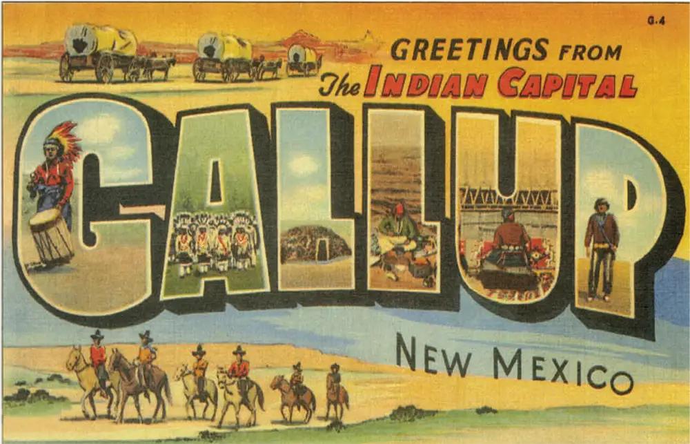 Historic postcard featuring El Rancho in Gallup, New Mexico
